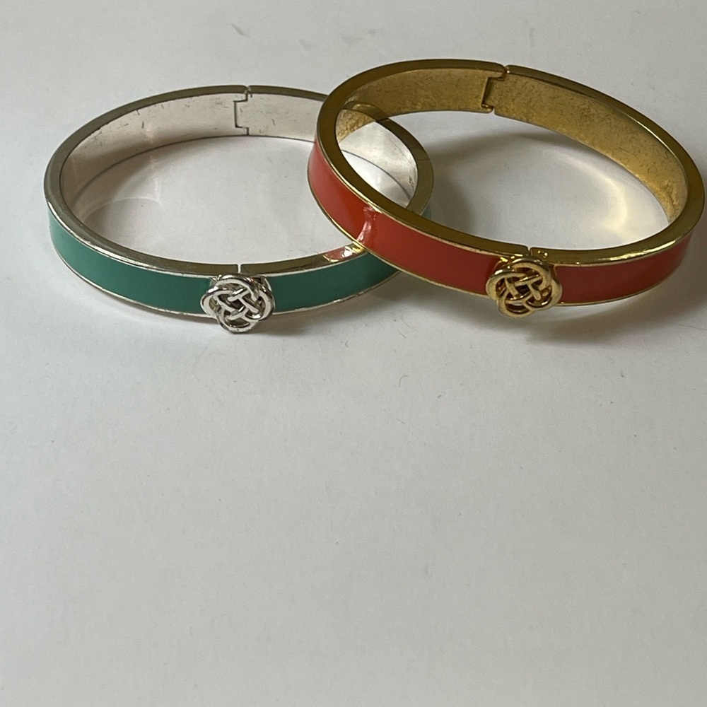 Stella & Dot Lindsey Orange and green Enamel Infinity Knot Bangle Bracelets